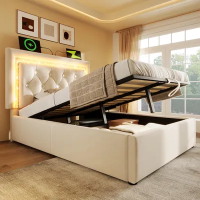 Produktbild von Flieks Polsterbett 90x200cm mit USB & Type C, Hydraulisches Bett mit Stauraum, Einzelbett Jugendbett mit LED, Stauraumbett Samt, Beige