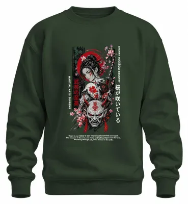 Image de Sweat à capuche, style pull, motif samouraï guerrière, masque Oni, katana, inspiration japonaise, style années 2000, motif Hannya, manga, couleur vert bouteille, taille XL