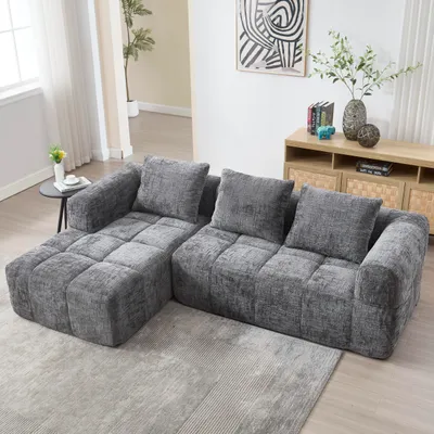 Image de Canapé modulable moderne en L, 3 places, ne nécessite aucun montage, en chenille avec méridienne et accoudoirs, 3 coussins et poche latérale pour la télécommande, gris