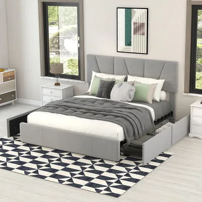 Image de MODFU Lit double 140x200 - Lit avec tête de lit réglable et 4 tiroirs - Sans matelas - Gris