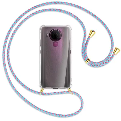 Produktbild von Handykette Backcover-Schutzhülle mit Band (Metall goldfarben) für Nokia 5.4 - pink/mint