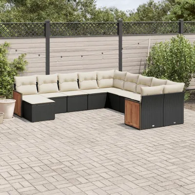 Produktbild von Design 11-tlg. Garten-Sofagarnitur mit Kissen Schwarz Poly Rattan, Gartenmöbel-Sets 2024 Neu