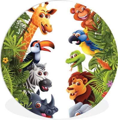 Produktbild von MuchoWow® Rundes Wandbild - Runde Bilder Dschungel - Tiere - Jungen - Mädchen - Giraffe - Elefant - Kinder Ø 90 cm Kreis Wanddekoration Kunststoff - Wandkreis - Wandschmuck - Wand-Kreis - Wohnzimmer - Bild - Runde - Wanddeko - Dibond - Kunstdrucke