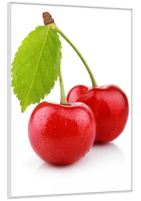 Produktbild von Wallario Wandbild Saftige Süß-Kirschen mit grünem Blatt, Größe: 70,30 x 100,30 cm, Poster mit weißem Kunststoffrahmen