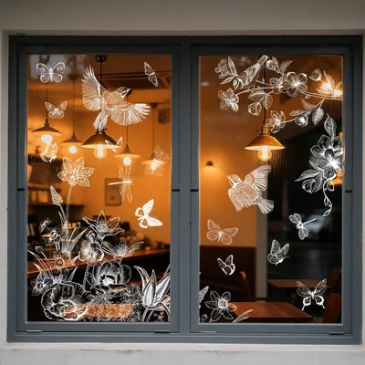 Produktbild von Weiße Fensterbilder für den Frühling, 2 Blätter, selbstklebend, mit Blumen und Schmetterlingen als Deko für Fenster, Türen, Wände, Küche und Bad