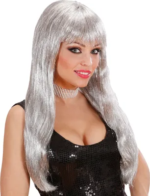 Produktbild von Glitzer Langhaar Perücke silber mit Pony für Damen