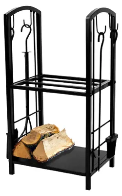 Productafbeelding van Brandhout Rek - 2 Opbergniveaus - Haardhout - Inclusief gereedschap - Metaal - Zwart - 30,5 x 40,6 x 74,5 Cm