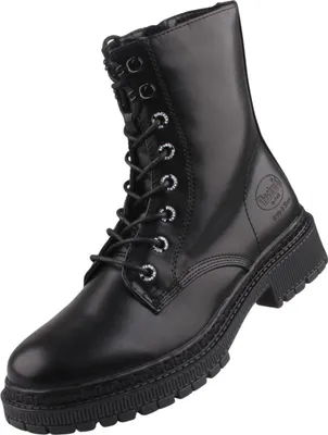 A black lace-up boot on a white background.
