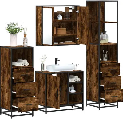 Produktbild von Möbel 4-tlg. Badmöbel-Set Räuchereiche Holzwerkstoff - Badezimmer 3301267
