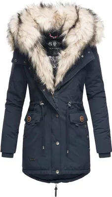 Produktbild von Navahoo Sweety Eleganter Damen Winter Parka mit Kapuze und doppelten Kunstpelzkragen Wintermantel Pelzfrei Vegan Blau Gr. 36 - S