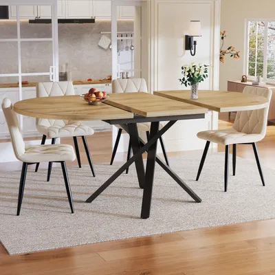 Image de Ensemble de table à manger avec 4 chaises – table à rallonges ronde-ovale 100-140 cm, piètement métallique aspect bois, pour la cuisine et la salle à manger, couleur bois