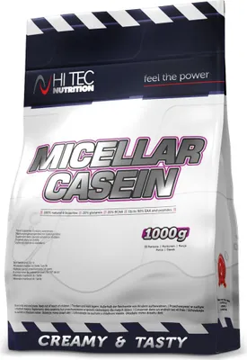 A bag of HI TEC Nutrition Micellar Casein protein powder.