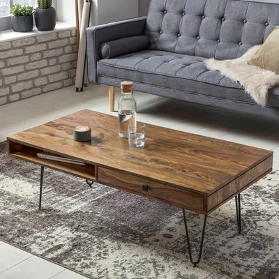 Image de Table basse FineBuy en bois massif de sheesham, 110 cm · Table de salon de style industriel, rectangulaire, pieds en épingle à cheveux, 2 tiroirs et compartiments de rangement · Fabriquée à la main