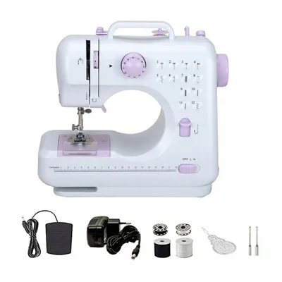 A white and purple mini sewing machine is shown with its accessories on a white background.