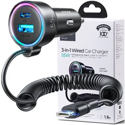 Zdjęcie produktu dla Joyroom Szybka Ładowarka Samochodowa 3 W 1 Z Kablem Usb Typ C 1,5M 55W Czarny (Jr-Cl07)