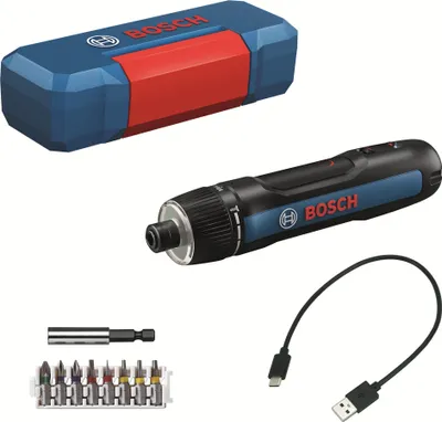 A set of Bosch power tools and accessories laid out on a white background.