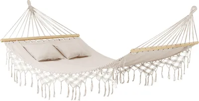 Produktbild von Outtec® Hängematte mit 2 Kissen - 200x150 cm, bis 220kg - Boho Hammock für Outdoor, Garten, Balkon - für Kinder und Erwachsene