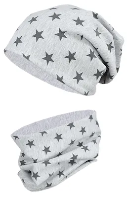 Produktbild von TupTam Uni Kinder Beanie Mütze Schlauchschal Set, Farbe: Sterne Graphit / Grau Meliert, Größe: 50-52