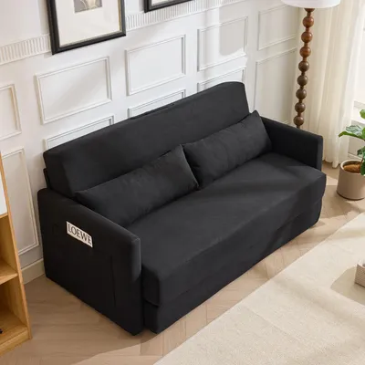 Obrázek produktu pro MODFU Modulární sofa, Relaxační křeslo s dvěma bederními polštáři, dvoumístné sofa, 2-v-1 skládací pohovka, obývací sofa s kapsami na časopisy, černá