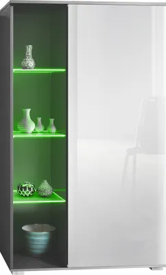 Produktbild von Vladon Vitrine Davos,  Germany, Standvitrine mit 3 Glasböden und 8 Fächer inkl. LED, Anthrazit matt/Weiß Hochglanz  (71,5 x 134 x 35 cm)