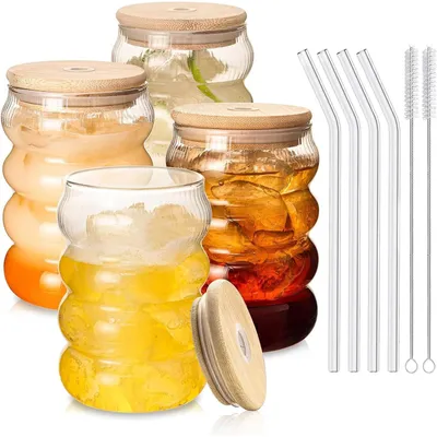 Produktbild von Trinkgläser gewellt 4er Set 350ml mit deckel, Glasstrohhalmen, Bürsten  gerippte trinkgläser bubble gläser, wave gläser, Cocktail Gläser