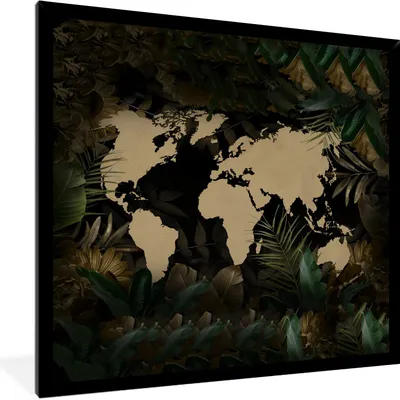 Produktbild von MuchoWow® MuchoWow® Gerahmtes Poster Weltkarte - Blätter - Beige 40x40 cm - Poster mit zchwarzem Bilderrahmen - Mit Rahmen - Wanddekoration Schlafzimmer