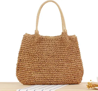 Produktbild von Einteilige, einfarbige, handgewebte Tasche im Lazy-Style, Plissee-Tasche, Ein-Schulter-Strohtasche, Einkaufstasche für den Urlaub, Pendeltasche, Kamelhaarring