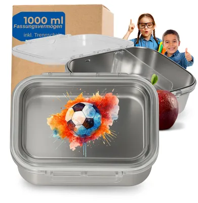 Produktbild von Edelstahl Brotdose Kinder 1000 ml - Brotbox 'Storage' mit Trennwand und Motiv perfekt für Schule und Kindergarten - Motiv Fußball