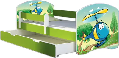 Produktbild von ACMA Jugendbett Kinderbett Junior-Bett Komplett-Set mit Matratze Lattenrost und Rausfallschutz Grün 35 Hubschrauber 180x80 + Bettkasten