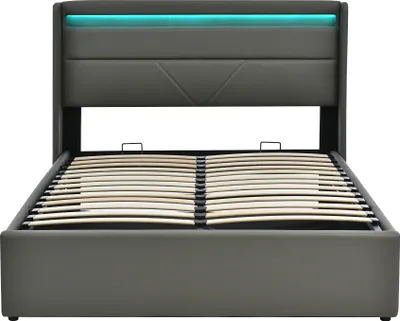 A dark gray upholstered bed frame with a slatted base and integrated LED lighting in the headboard.