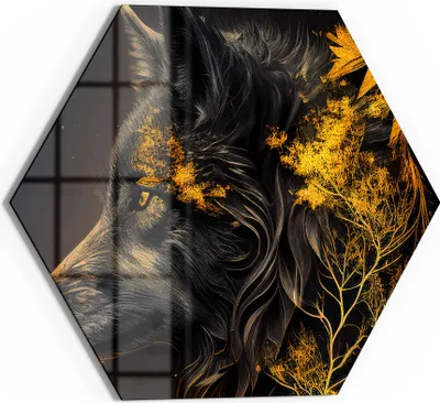 Produktbild von DEQOART Glasbild Echtglas 55x48 cm 'Goldener Wolfsblick' Wandbild Bild modern Deko