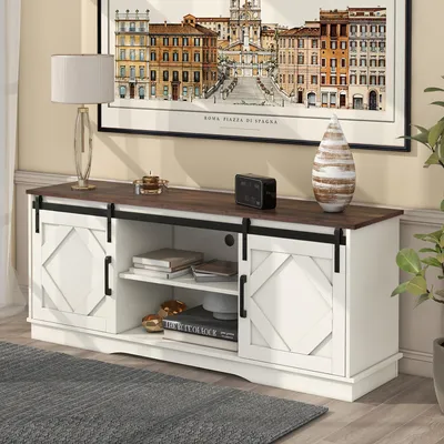 Immagine prodotto di mobile TV - mobile TV con ante - mobili per TV - basso mobile - credenza - Bianco - Con 2 ante scorrevoli - Ripiani regolabili