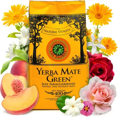 Produktbild von Yerba Mate Green LAS FLORES 400 g ● Brasilian pfirsiche Yerba Mate-Tee ● Jasmin ● Matetee aus Mateblättern ● Natürliche Aromen