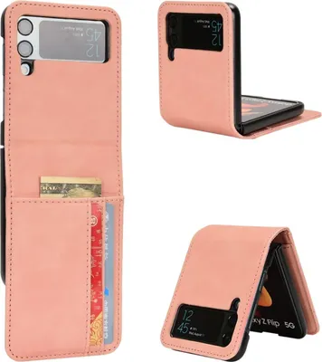 Collage of a pink flip phone case, showing different angles and features.