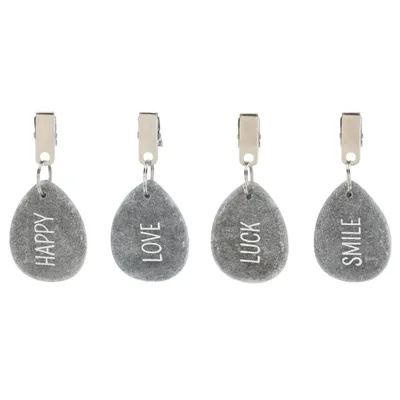 Produktbild von 4er Set Tischdeckenbeschwerer grau Stein Love Luck Happy Smile Stahlclips 250 gr