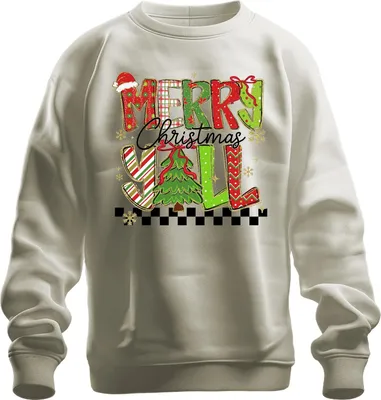 Produktbild von Merry Christmas Y'all Weihnachten Tannenbaum gestreift Glitzer Uni Sweatshirt Pullover, Natur, XXL