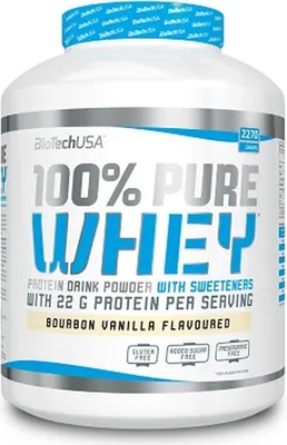 A white plastic tub of protein powder with blue and gray branding.