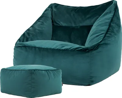 A teal-colored bean bag chair and ottoman are shown against a white background.