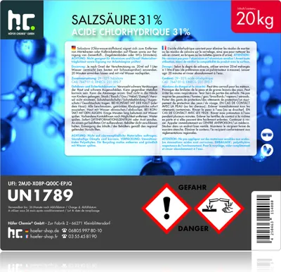 Produktbild von 20 kg Salzsäure 29-32% zur chemischen Reinigung von Zementfuß-, Ziegelsteinböden und zur Beseitigung von Rost- und Jodflecken auf Badewannen