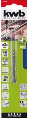 Produktbild von kwb 258630, Bohrer, Spiralschneidbohrer, Drehung der rechten Hand, 3 mm, 61 mm, Eisen, Profil, Blech, Edelstahl, Stahl