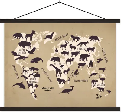 Produktbild von MuchoWow® Textilposter Weltkarte - Tiere - Braun 40x30 cm mit schwarzem Rahmen - Dekorationen