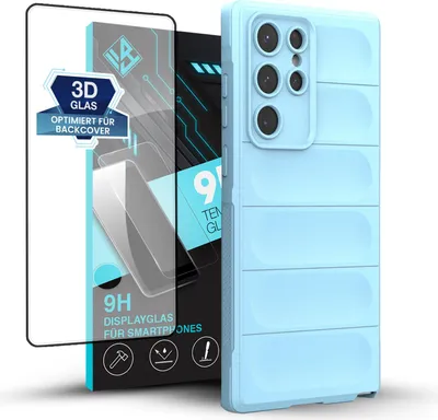 Produktbild von Handy Hülle für Samsung Galaxy S22 Ultra mit 9H Displayglas Displayschutz Plus Grip Case Cover Schutzhülle Softgrip Farbe: Hellblau