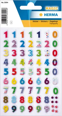 Produktbild von HERMA 3094 Zahlen Aufkleber bunt 0-9, 63 Stück, selbstklebend, klein, 3D Kinder Nummer Ziffer Klebezahlen Sticker Hausnummern mit Muster zum Aufkleben DIY Basteln, mehrfarbig