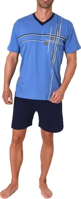 Produktbild von Eleganter Herren Shorty Schlafanzug kurzarm Pyjama mit Frontprint  auch in Übergrössen ; blau , 50