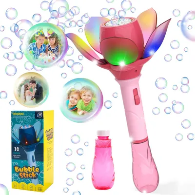 Produktbild von Juksun Seifenblasen Lotusblume pink 10x33cm 120ml Seifenblasenmaschine elektrisch Seifenblasenstab  Licht für Kinder Party und Garten