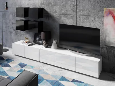 Produktbild von Wohnwand CALABRINI-18 Wohnzimmer-Set Hängewohnwand Schrankwand Schrank TV-Schrank Moderne Anbauwand Hochglanz (Schwarz / Weiß)