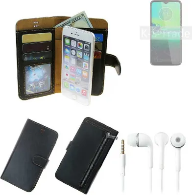 Produktbild von TOP SET Handy Hülle Schutz Hülle kompatibel mit Motorola Moto G8 Play  schwarz aus Kunstleder + Kopfhörer Smartphone Tasche vollwertige Geldbörse