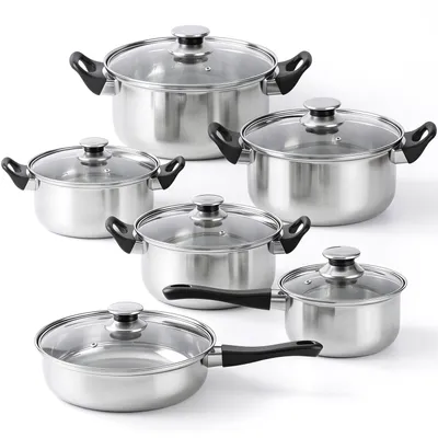 Produktbild von Topfset 12-teilig Edelstahl Kochgeschirr Kochtopfset Kochtöpfe Kochtopf-Set Töpfe Glasdeckel Durchmesser 16 18 20 21.8 24cm Silber Retoo