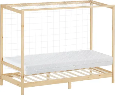A wooden bed frame with a mattress and a net canopy.
