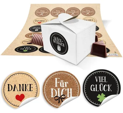 Immagine prodotto di 24 piccole scatole regalo bianche confezione regalo 8 x 6,5 x 5,5 + testo adesivo GRAZIE, PER VOI, BUONA FORTUNA marrone bianco verde trifoglio nero per piccoli regali agli ospiti